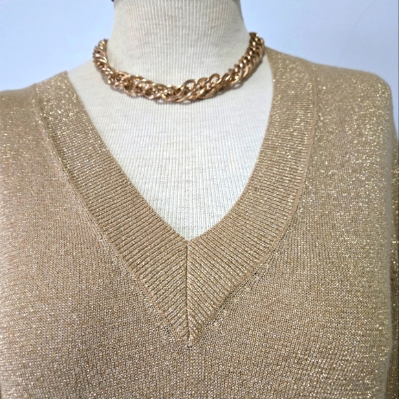Michael Kors Lightweight Metallic Gold Knit V Neck Midi Dress. Size Small - Picture 5 of 13
